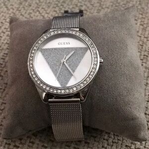 Guess ladies logo stainless mesh band watch Japan movement crystal bezel NWT